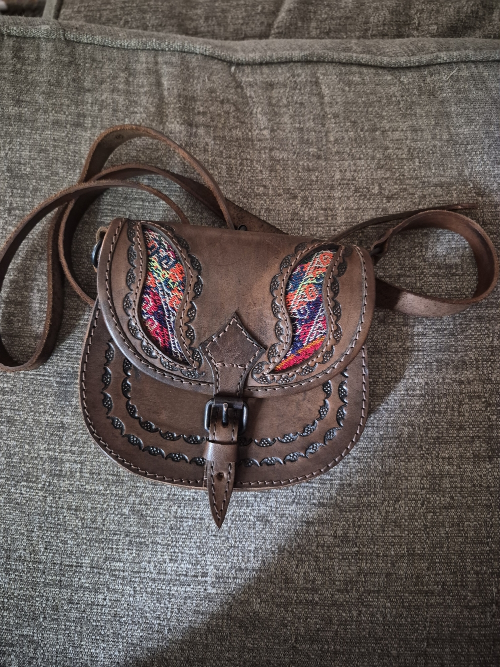 Hand-Tooled Brown Leather Crossbody with Colorful Embroidered Accents